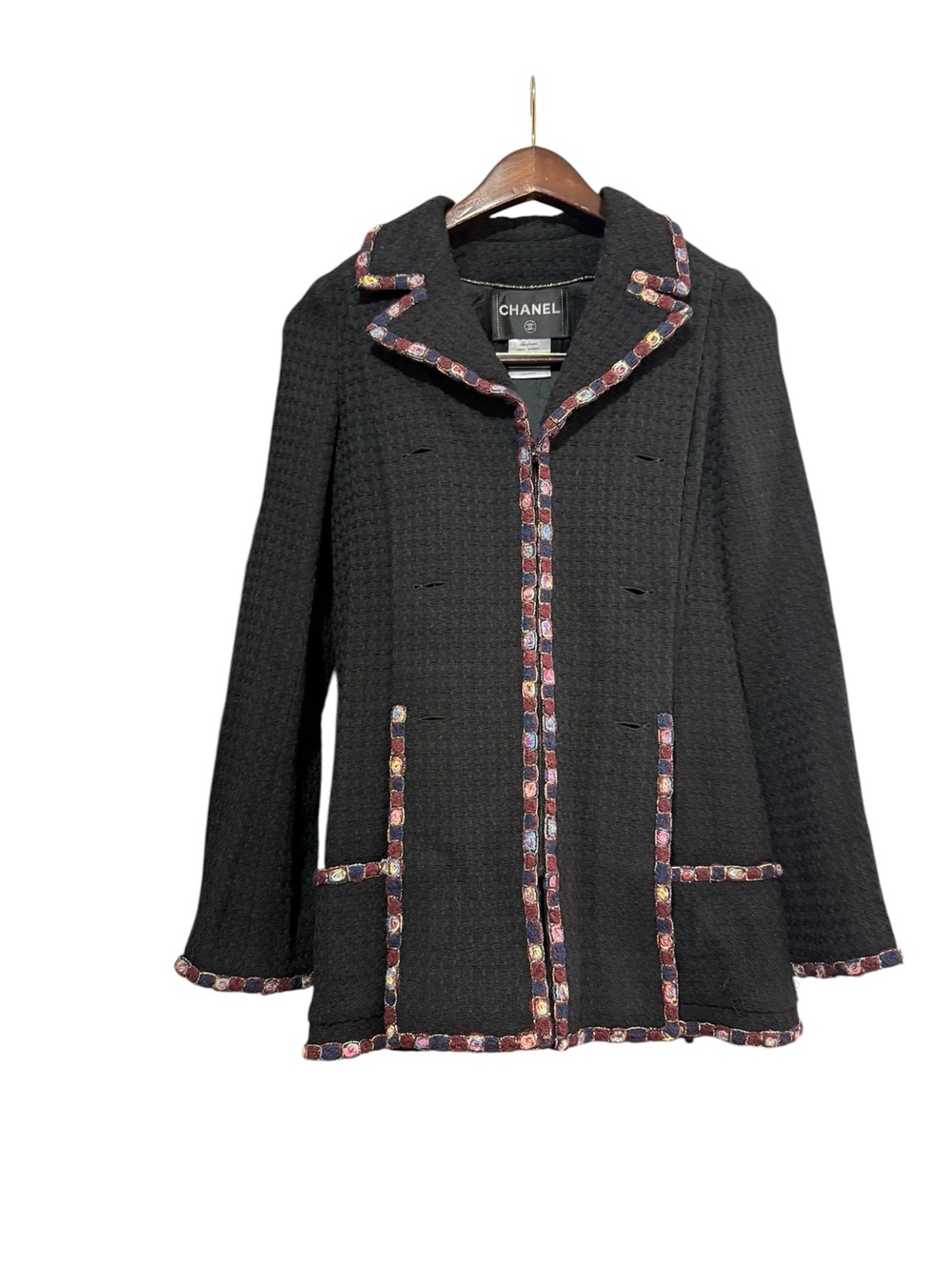 CHANEL Vintage Black Tweed Jacket with Multicolor Trim – Missing Buttons | As-Is